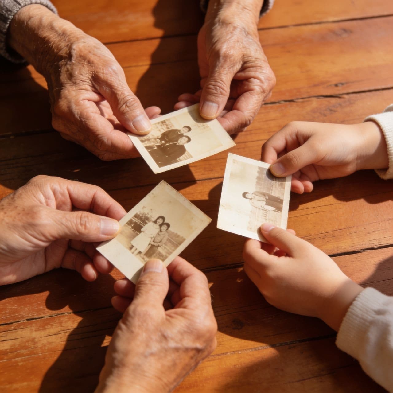Trois générations d'une famille regardent ensemble de vieilles photos autour d'une table