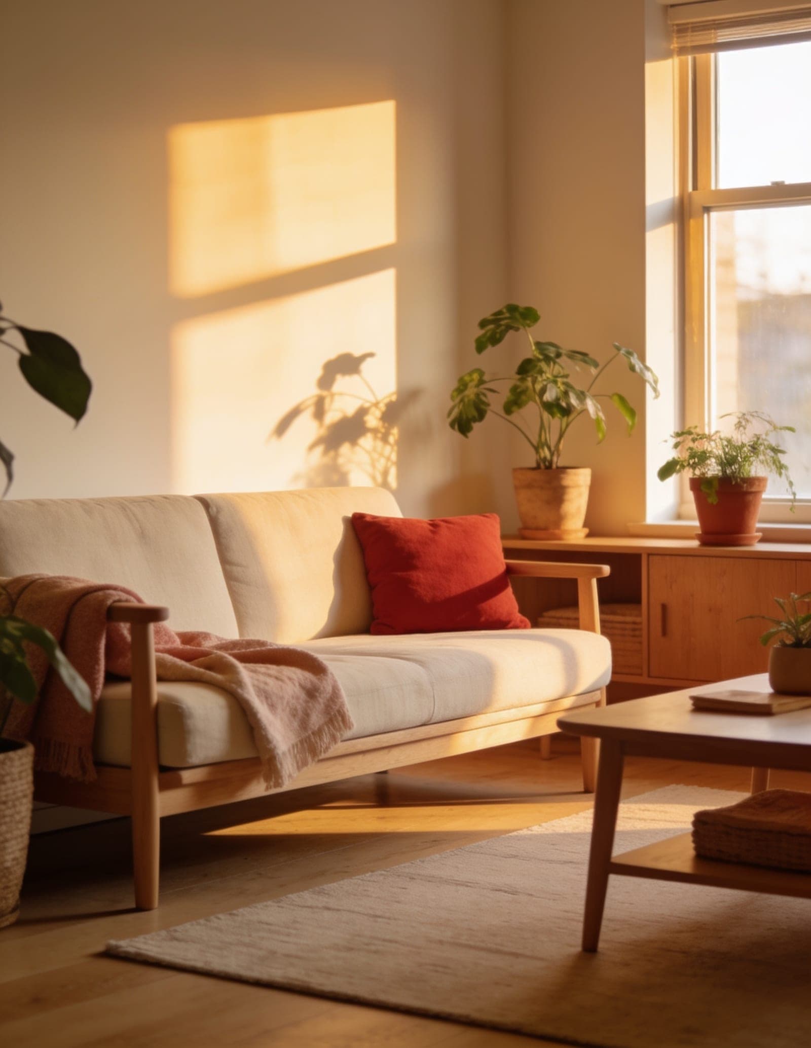 Un intérieur de maison chaleureux dans la lumière de fin de journée